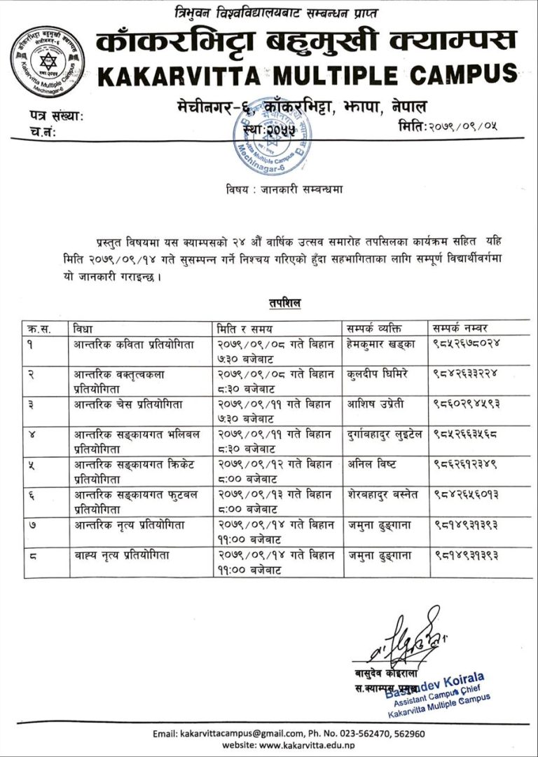 24th Annual Program Notice 2077 - Kakarvitta Multiple Campus teacher meeting schedule
