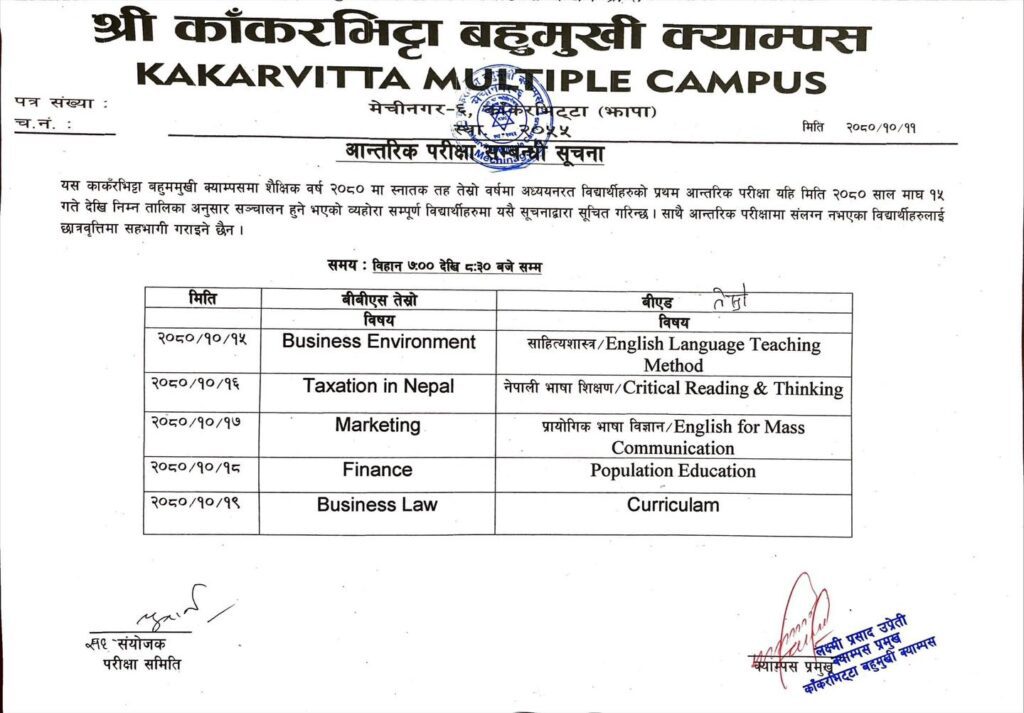 Notice about BBS BEd 3rd year Internal Exam