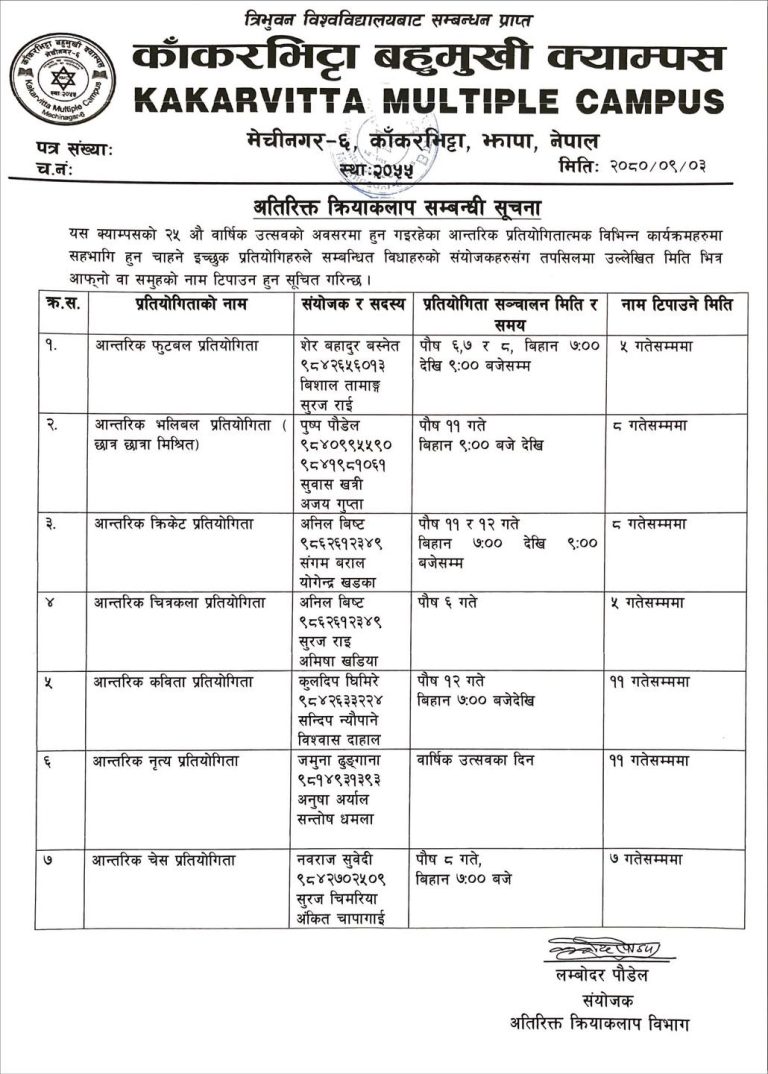 Schedule of Extra Curricular Activities 2080 | Kakarvitta Multiple Campus