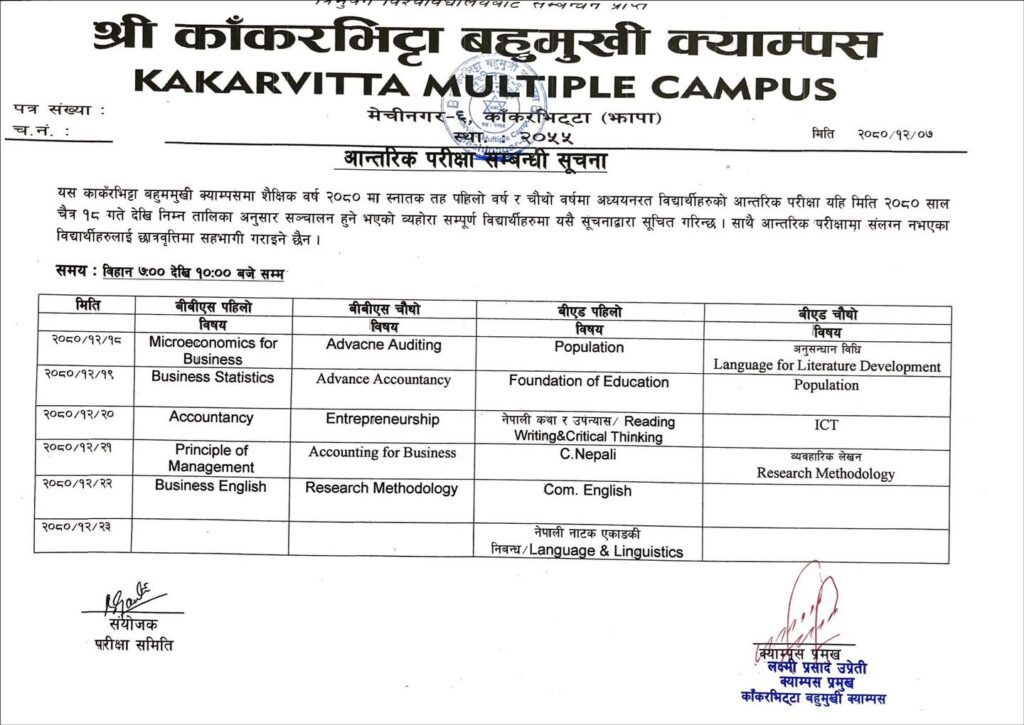 Notice Routine of Internal Examination of BBS BEd 1st 4the Year