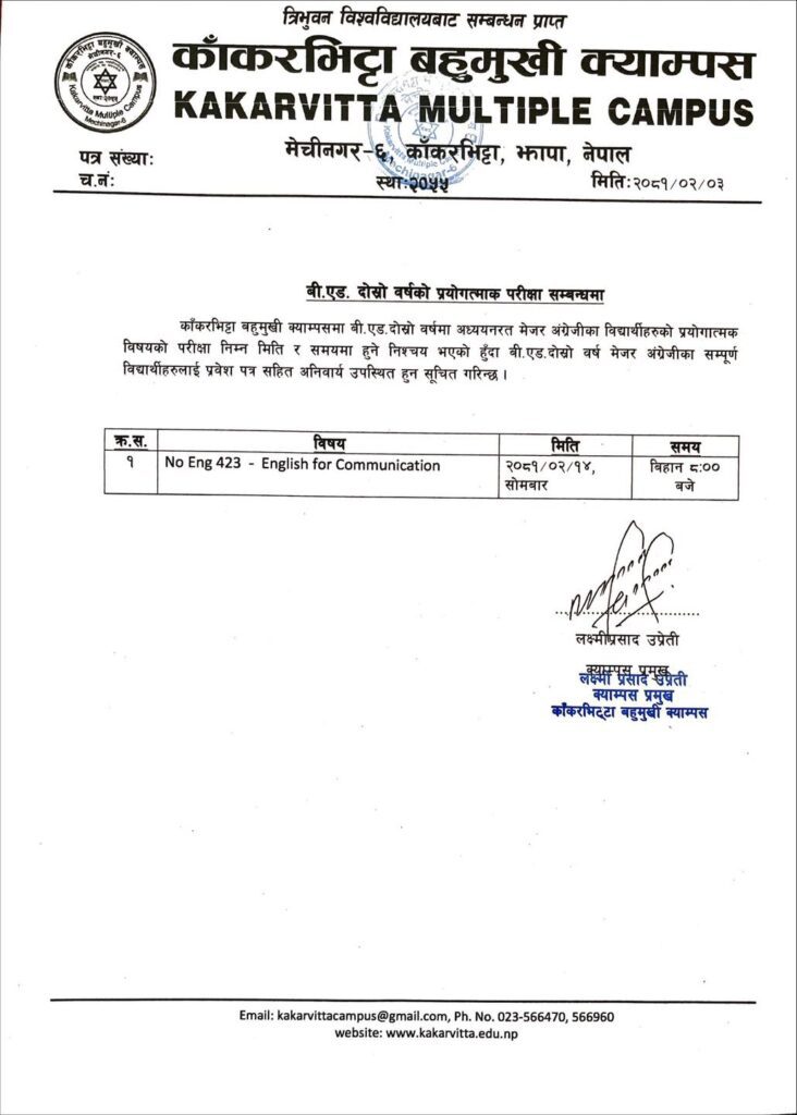 Notice regarding Practical Examination of B.Ed . 2nd Year