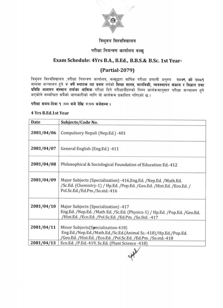 Exam Schedule 4Yrs B.Ed . B.B.S. 1st Year Partial 2079 1