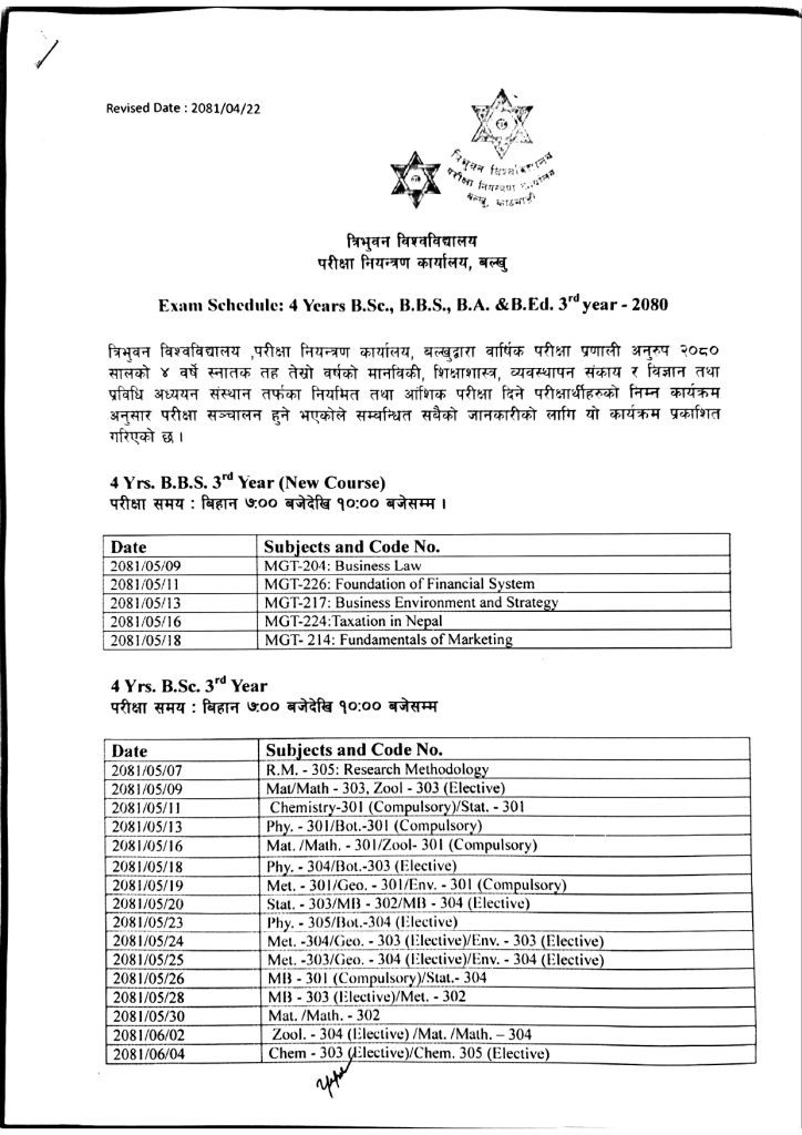 Exam Schedule of BBS BEd 3rd Year 2081 1
