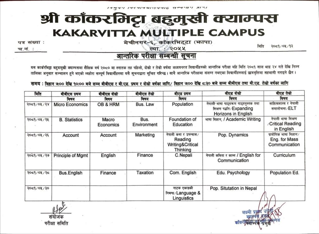 Notice regarding Internal Exam 2080