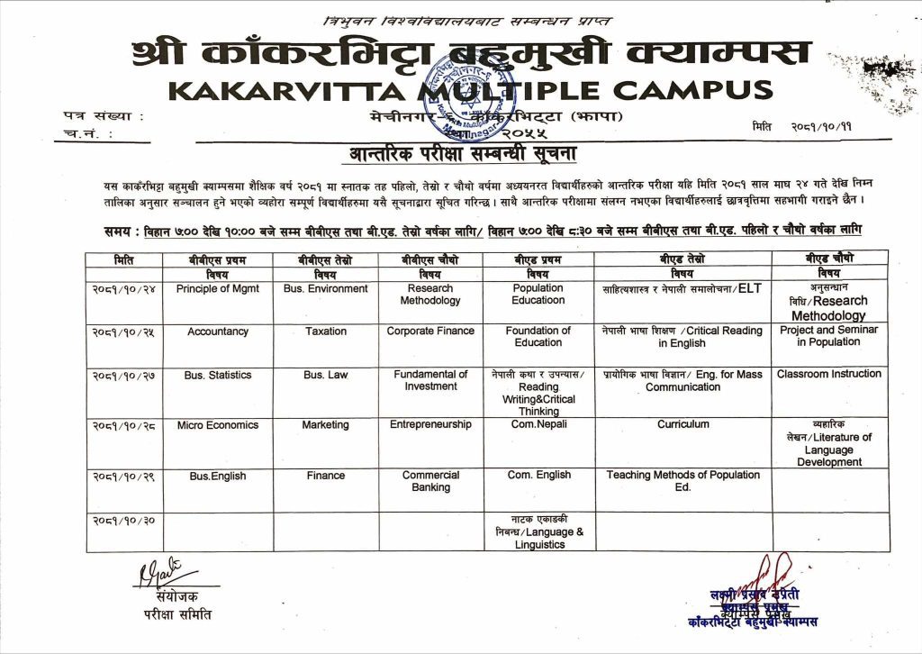 Notice regarding Internal Examination 2081
