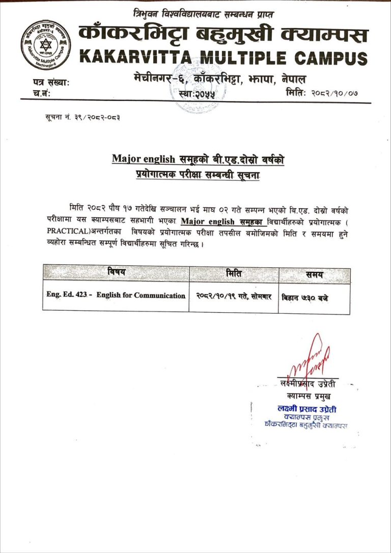 Practical Exam Notice: B.Ed. 2nd Year Major English (Eng. Ed. 423)