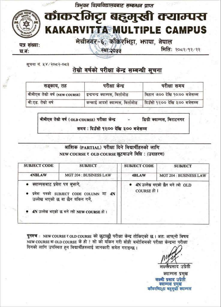 tu 3rd year exam center notice kmc 2082